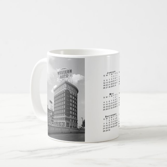 Western Auto Curved Building 2025 Calendar Coffee Mug (Front Left)