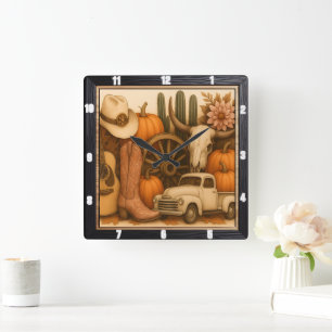 Western Autumn Rodeo Farm  Square Wall Clock