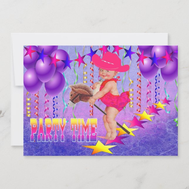 Western Baby Cowgirl On Stick Horse Party Invite (Front)