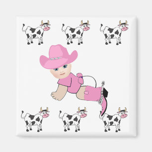 Western Baby Cowgirl With Spotted Cows Magnet