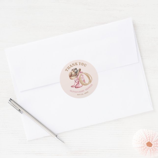 Western Baby Shower Cowgirl Blush Pink Hat Boots Classic Round Sticker (Envelope)