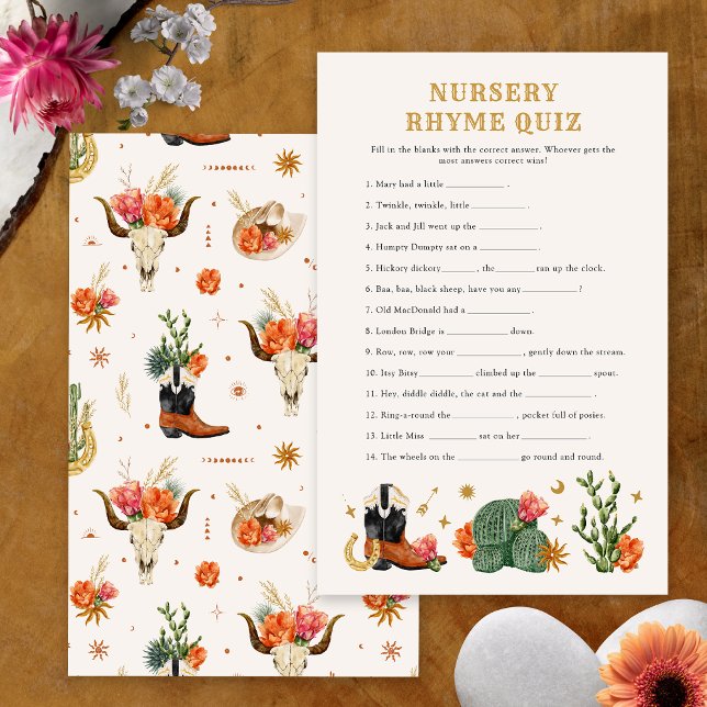 Western Baby Shower Game (Western Theme Baby Shower Nursery Rhyme Quiz Game Card by Painted Paperie
)