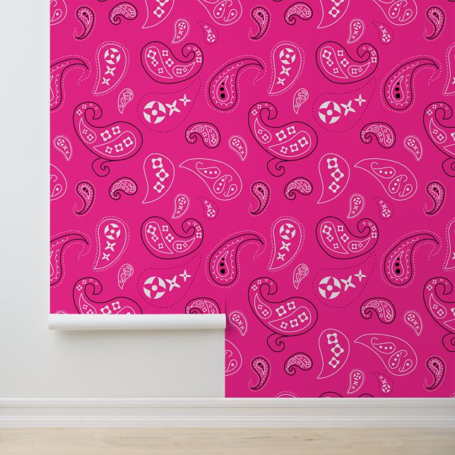 Western Bandanna Paisley Pattern Bright Pink Wallpaper (Application)