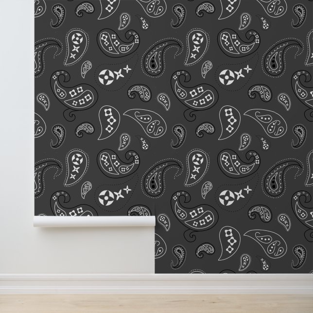 Western Bandanna Paisley Pattern Charcoal Grey Wallpaper (Application)