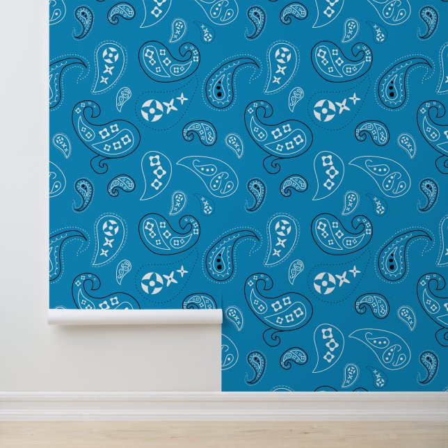 Western Bandanna Paisley Pattern Medium Blue Wallpaper (Application)