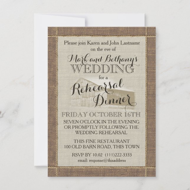 Western Barn and Burlap Rehearsal Dinner Invitation (Front)