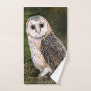 Western Barn Owl - Migned Watercolor Painting Art  Bath Towel Set