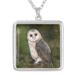Western Barn Owl - Migned Watercolor Painting Art  Silver Plated Necklace