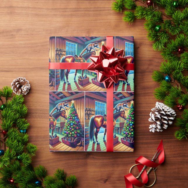 Western Barn Racoon Decorating Christmas Tree Wrapping Paper (Holiday Gift)