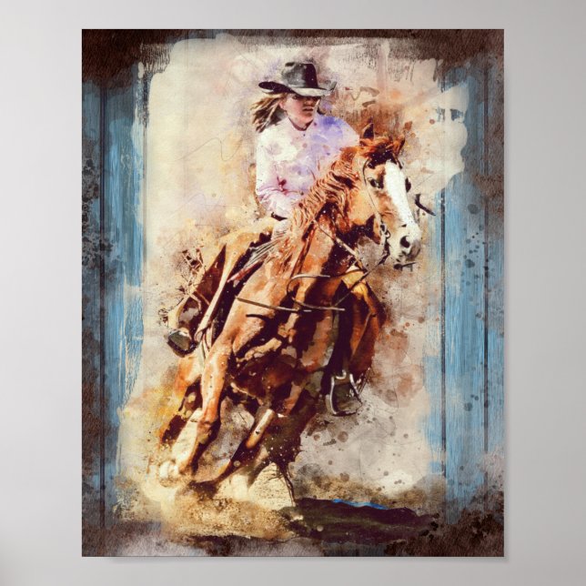 Western Barrel Racing Cowgirl Decoupage Poster (Front)