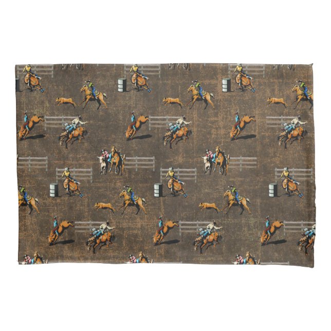 Western Bedding Pillowcase With Rodeo Events Brown (Front)