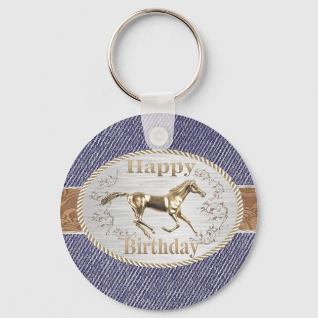 Western Belt And Buckle On Denim Happy Birthday Key Ring (Front)