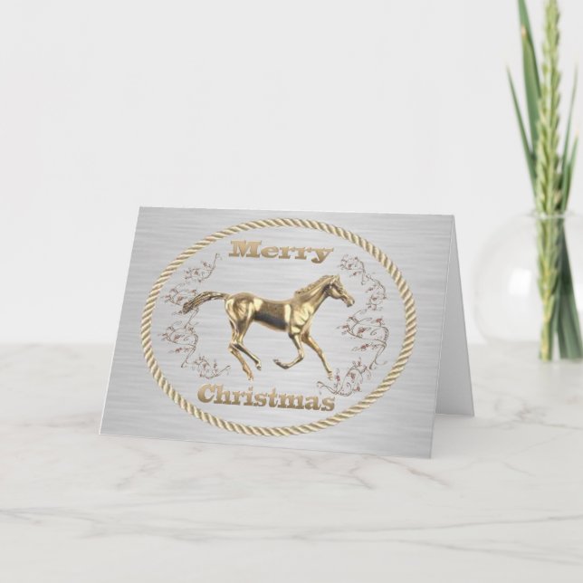 Western Belt Buckle Gold Horse Merry Christmas Holiday Card (Front)