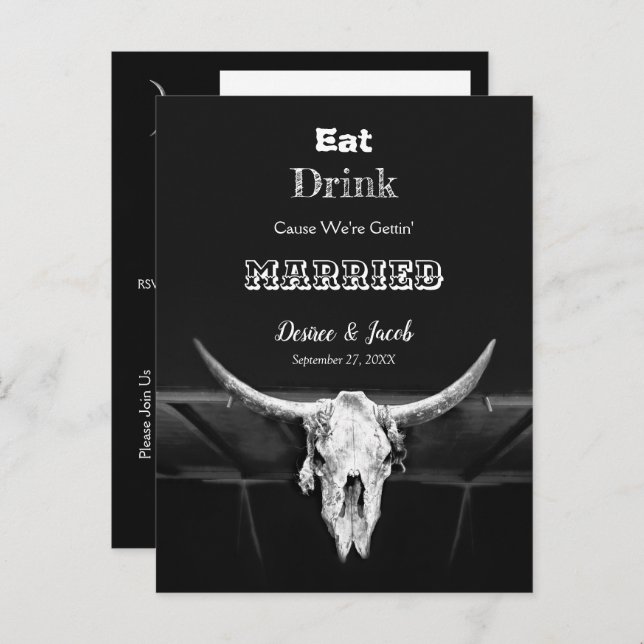 Western Black And White Rustic Eat Drink Married Announcement Postcard (Front/Back)