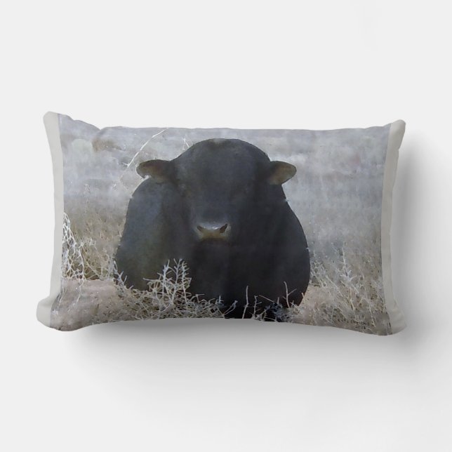 Western Black Bull in Winter Scene Lumbar Cushion (Front)