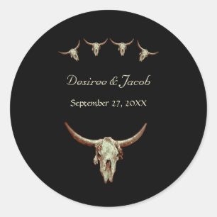 Western Black Rustic Wedding Cow Bull Skull Classic Round Sticker