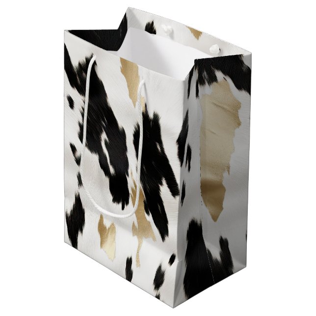 Western Black White Glam Gold Cowhide Birthday Medium Gift Bag (Front Angled)