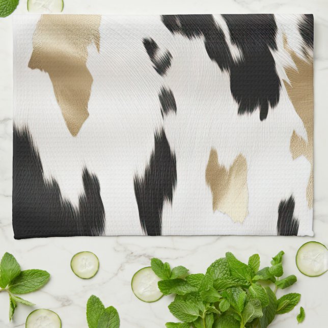 Western Black White Glam Gold Cowhide  Tea Towel (Folded)