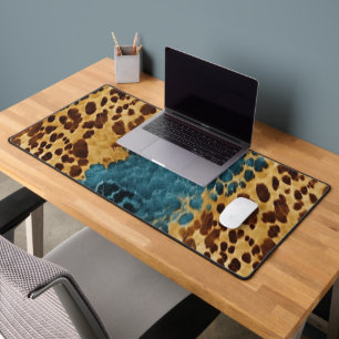 Western Blue Brown Gold Cowhide Desk Mat