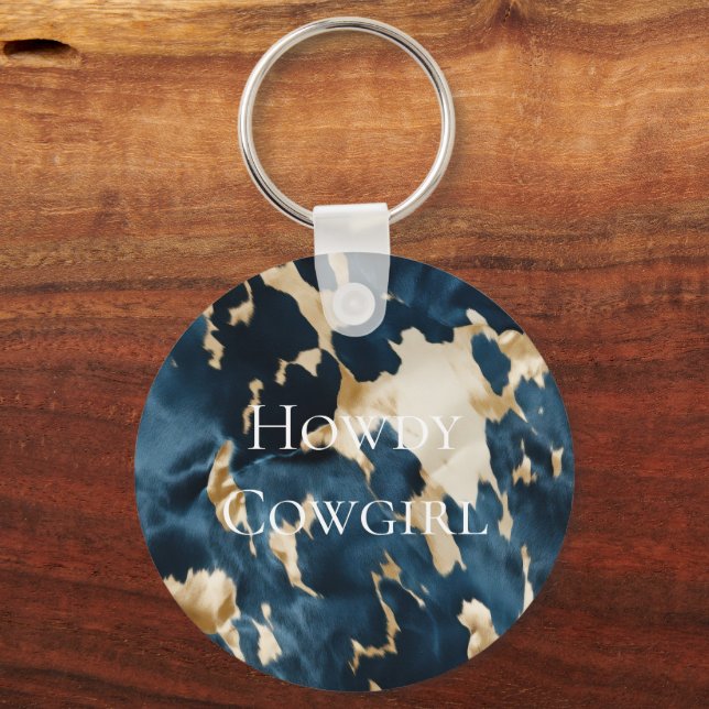 Western Blue Brown Gold Cowhide Key Ring (Front)