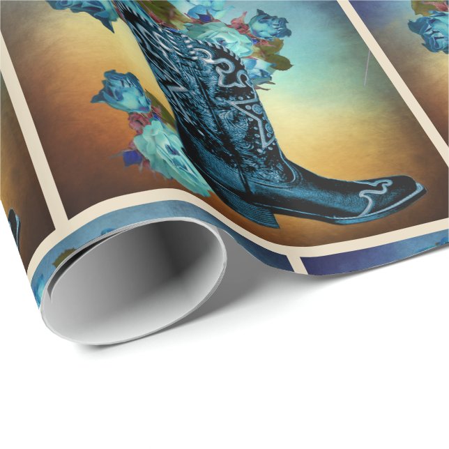 Western Blue Cowboy Boot With Roses On Sunset Wrapping Paper (Roll Corner)