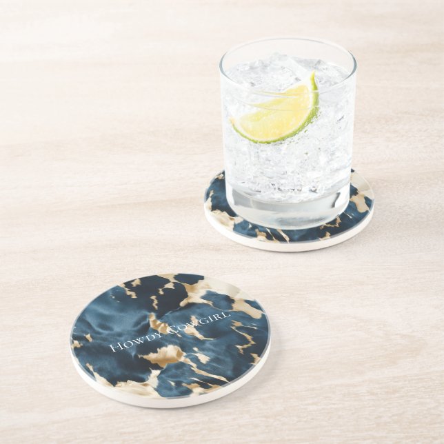 Western Blue Cream Gold Cowboy Cowgirl Cowhide Coaster (Side)