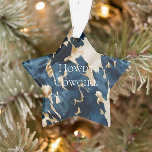Western Blue Cream Gold Cowboy Cowgirl Cowhide Ornament (Tree)