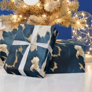 Western Blue Cream Gold Cowboy Cowgirl Cowhide Wrapping Paper