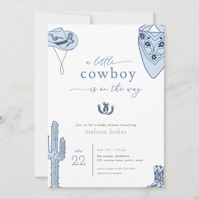 Western Blue Little Cowboy Baby Shower Invitation (Front)