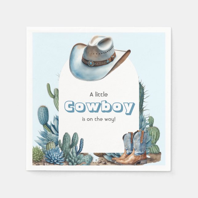 Western Blue Little Cowboy Rodeo Boy Baby Shower Napkin (Front)
