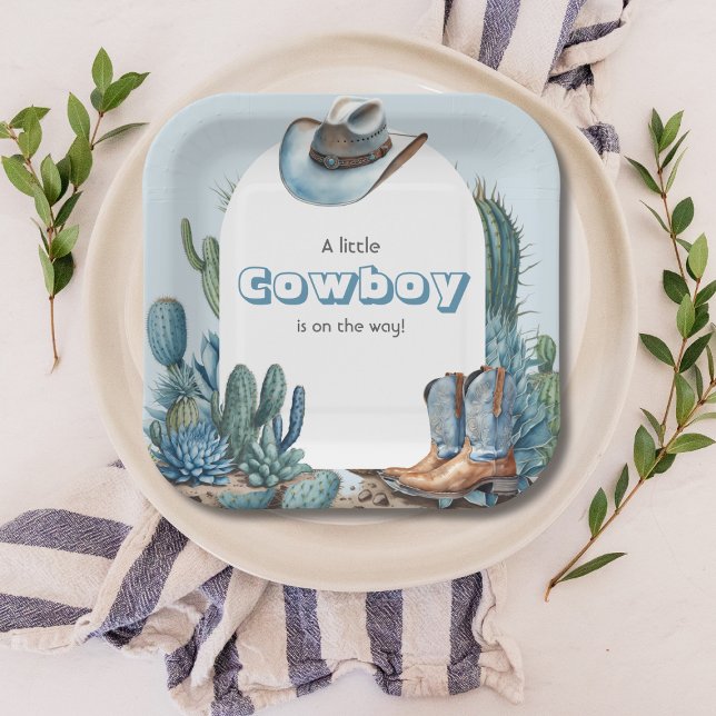 Western Blue Little Cowboy Rodeo Boy Baby Shower Paper Plate (Creator Uploaded)