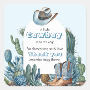 Western Blue Little Cowboy Rodeo Boy Baby Shower Square Sticker