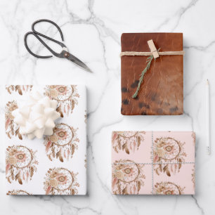 Western Blue Pink Floral Dream Catcher  Birthday Wrapping Paper Sheet