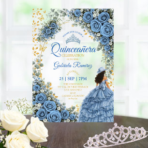 Western Blue Roses Golden Country Quinceañera Acrylic Invitations