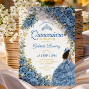 Western Blue Roses Golden Country Quinceañera Invitation