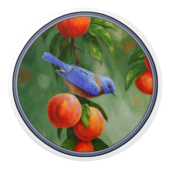 Western Bluebird and Ripe Peaches Ceramic Knob (Front)