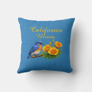 Western Bluebird with California Poppies Cushion