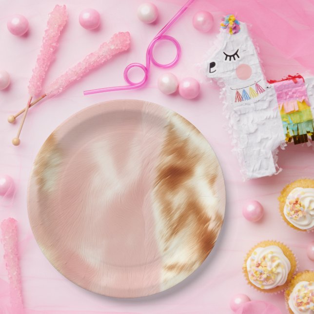 Western Blush Pink Brown Cowhide Paper Plate (Party)