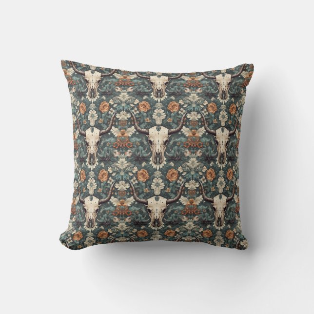 Western Boho Bull Skull Floral Cushion (Front)