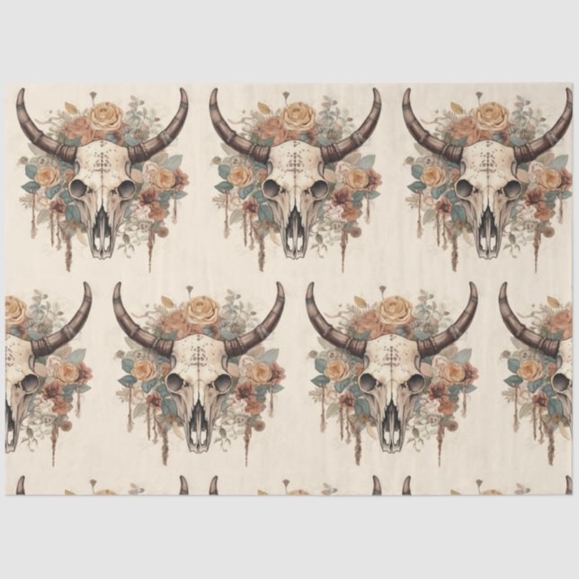 Western Boho Bull Skull Floral Decoupage Tissue Paper (Front)
