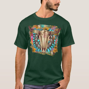 Western Boho Bull Skull With Gemstone Turquoise Su T-Shirt