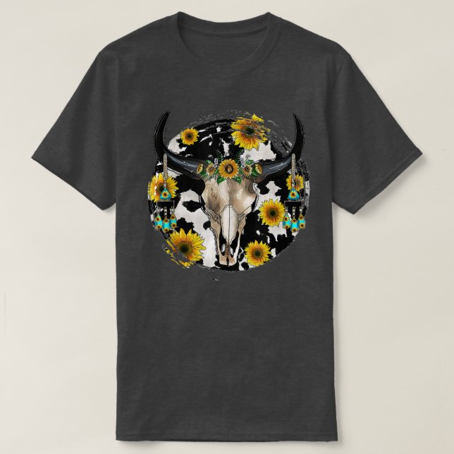 Western Boho Bull Skull With Sunflower  T-Shirt (Design Front)