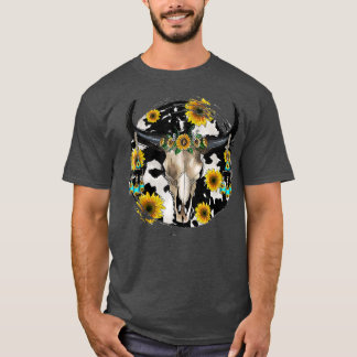 Western Boho Bull Skull With Sunflower  T-Shirt