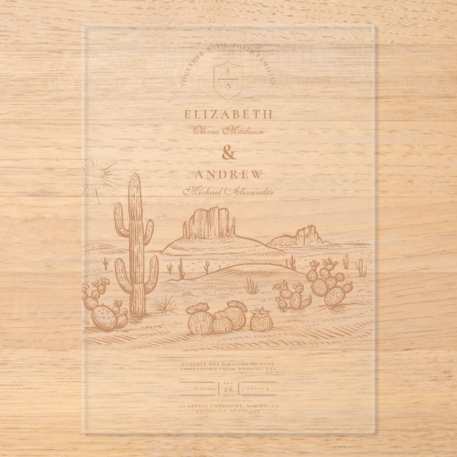 Western Boho Cactus Desert Landscape Wedding Acrylic Invitations (Front)