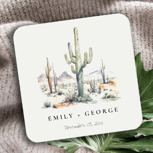 Western Boho Cactus Desert Landscape Wedding Square Paper Coaster