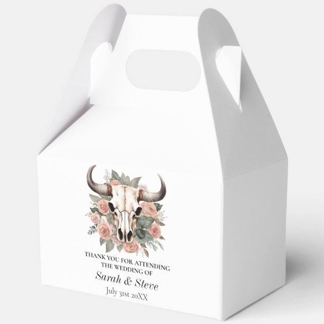 Western Boho Cow Floral Skull Sage Wedding Favour Box (Front)