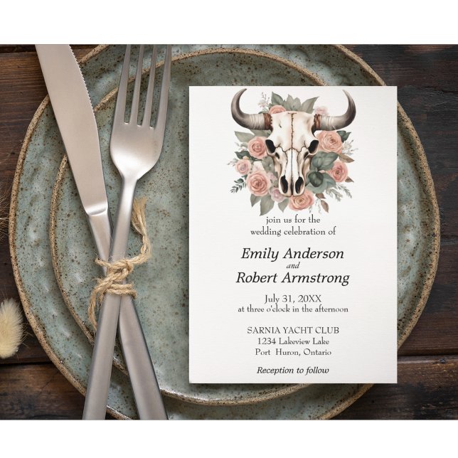 Western Boho Cow Floral Skull Sage Wedding Invitation (Boho Western Wedding Floral Skull Wedding Suite Dusty Rose and Sage Wedding Colors.)