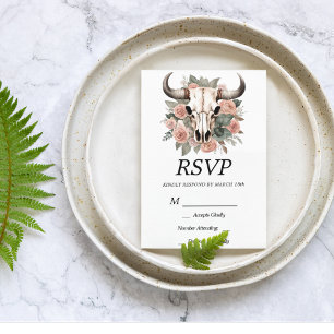 Western Boho Cow Floral Skull Sage Wedding RSVP Card