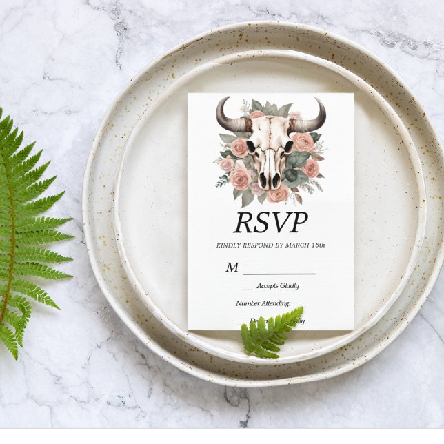 Western Boho Cow Floral Skull Sage Wedding RSVP Card (Boho Western Wedding Floral Skull Wedding Suite Dusty Rose and Sage Wedding Colors.)