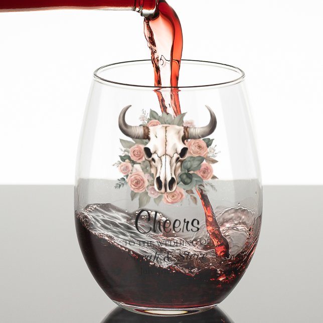 Western Boho Cow Floral Skull Sage Wedding Stemless Wine Glass (Boho Wedding Cheers Bull Skull Wine Glass)